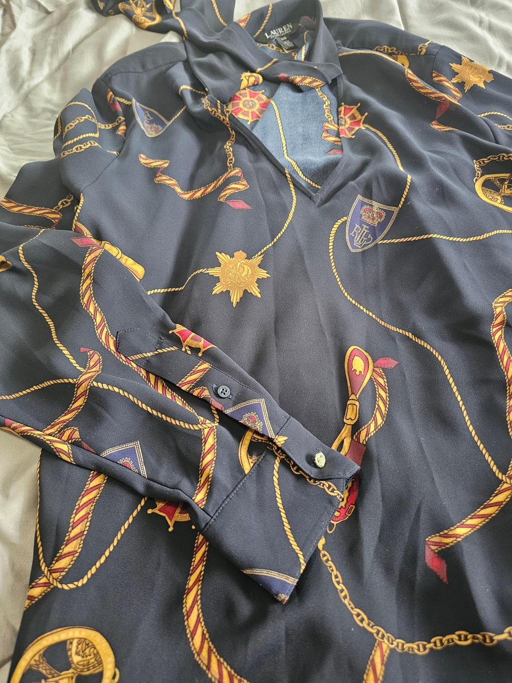 Lauren Ralph Lauren Navy Chain-Print Women's Shirt Size L - Picture 2 of 8